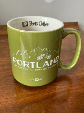Peet's Coffee Portland Mug Green 16 oz Cup BIA Character With Coffee to Match